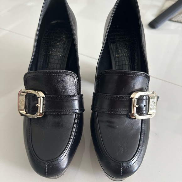 Vince Camuto Black Leather Platform Loafers with Elegant Buckle - Picture 3 of 6